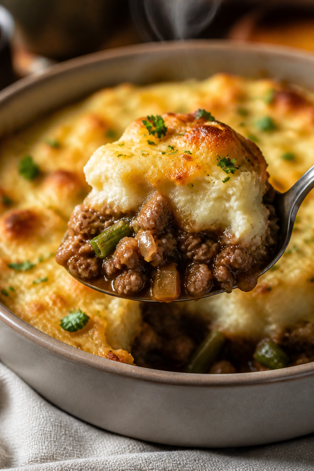 Close-up detail: A spoonful lift of the baked Keto Ground Turkey Shepherd’s Pie, showcasing the gl