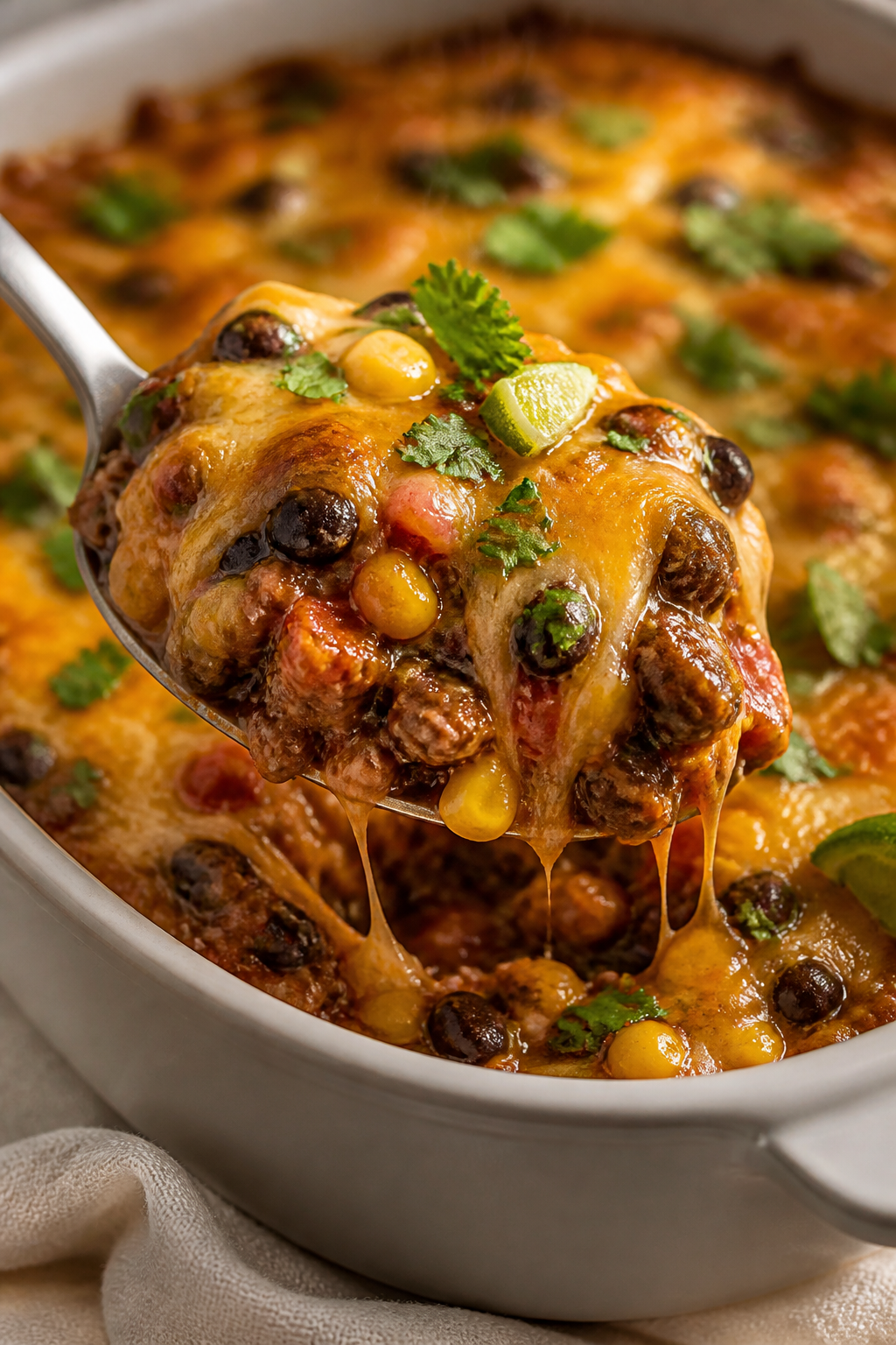 Close-up detail: A spoonful of bubbling Cheesy Ground Turkey Taco Casserole just out of the oven, sh
