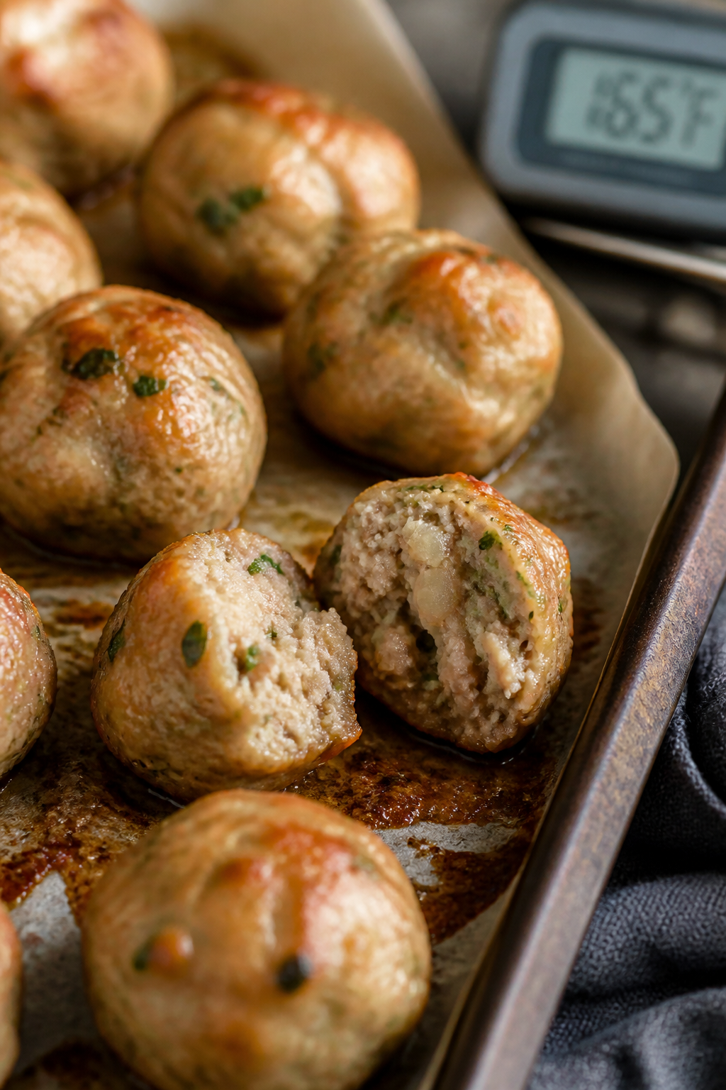 Close-up detail: A tray of baked ground turkey cream cheese meatballs just out of the oven, edges li