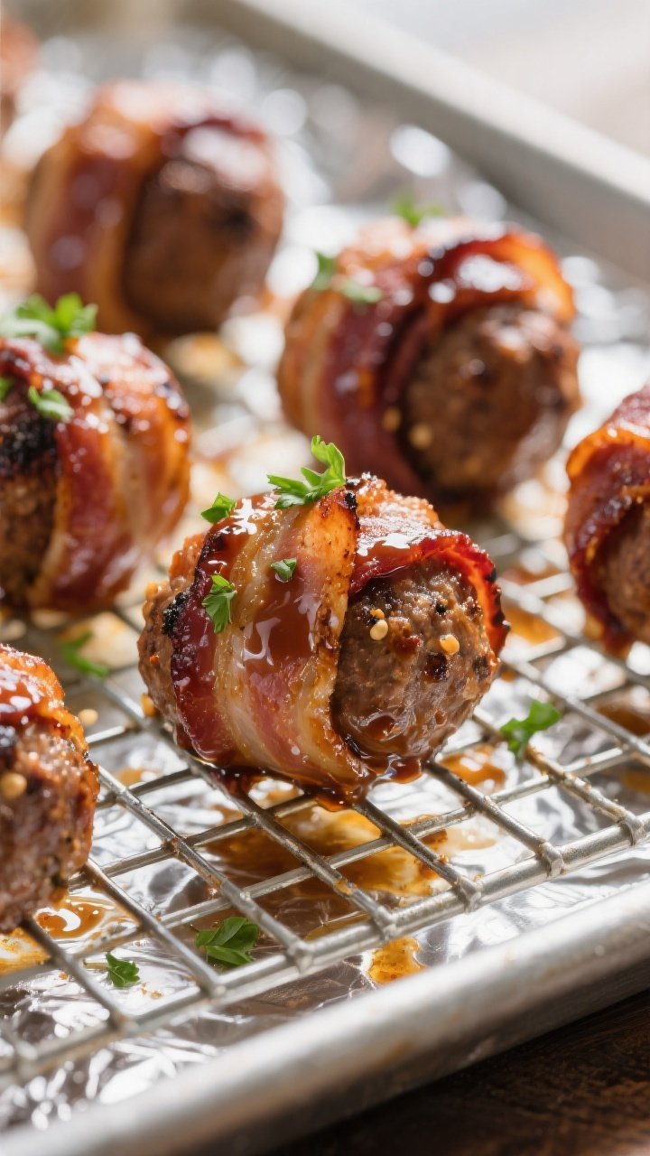 Close-up detail: Bacon-wrapped keto meatballs just out of the oven, bacon edges rendered and crisp w
