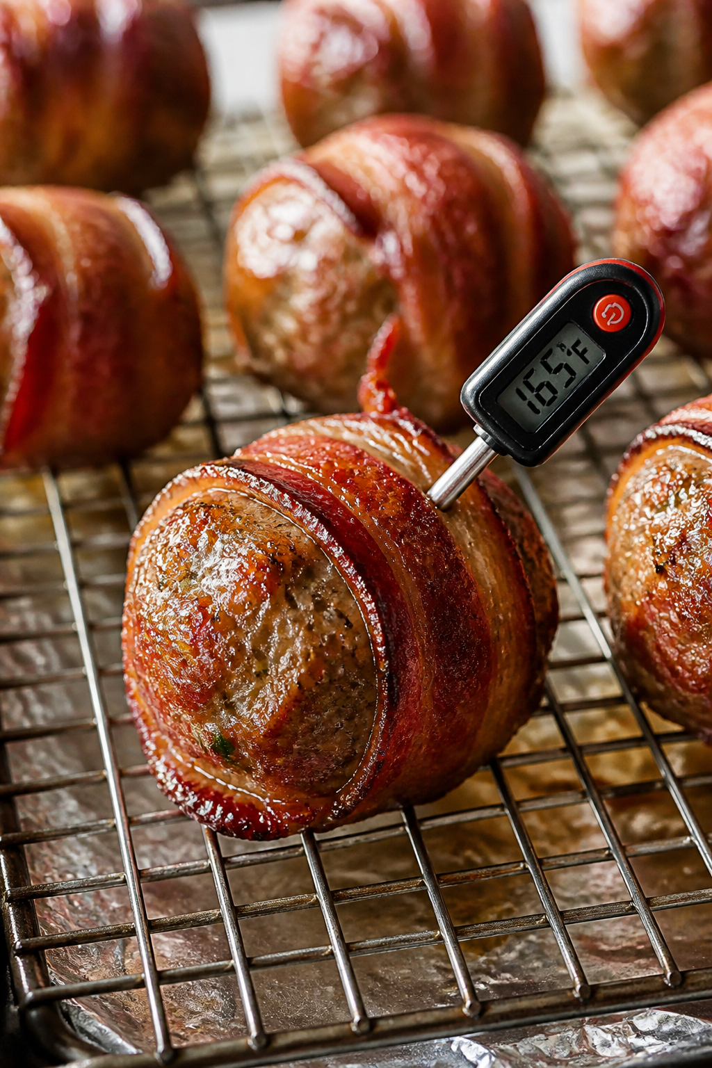 Close-up detail: Bacon-wrapped meatball just out of the oven on a wire rack over a foil-lined sheet 