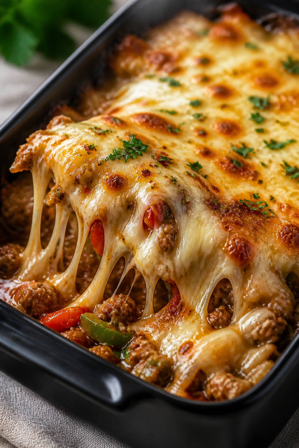 Close-up detail: Broiled, bubbling Keto Turkey Cheesesteak Casserole just out of the oven, molten pr