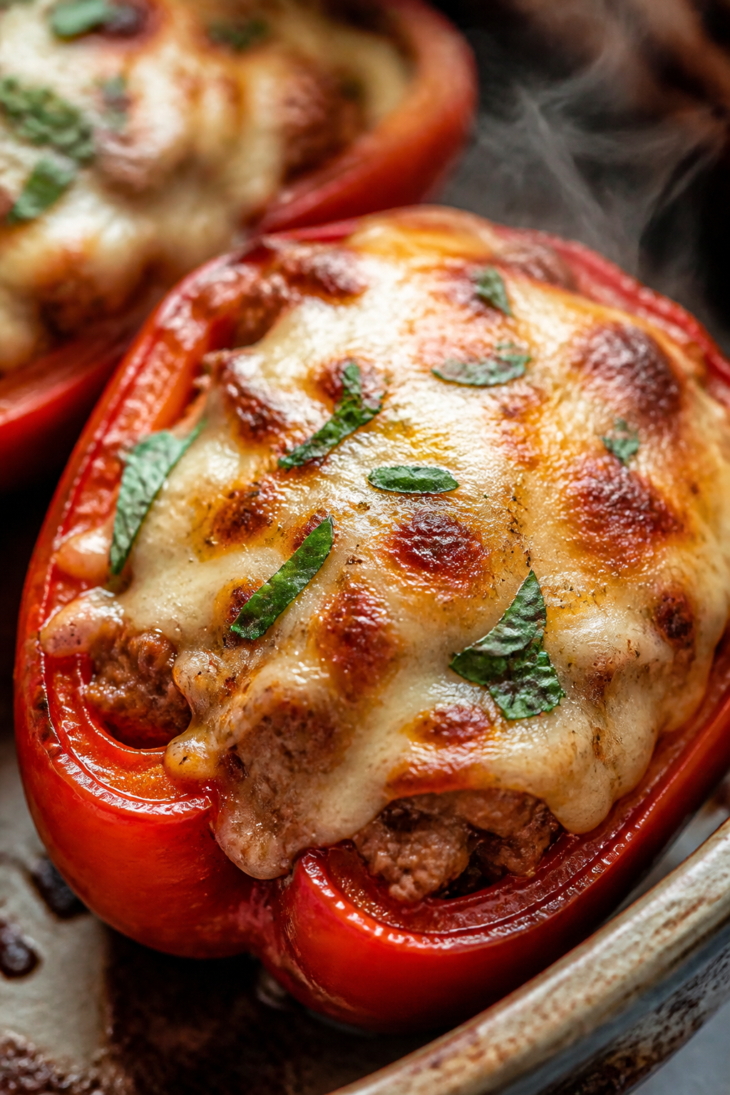 Close-up detail: Broiled, golden-bubbly mozzarella and Parmesan crust on a just-baked Keto Turkey Pa