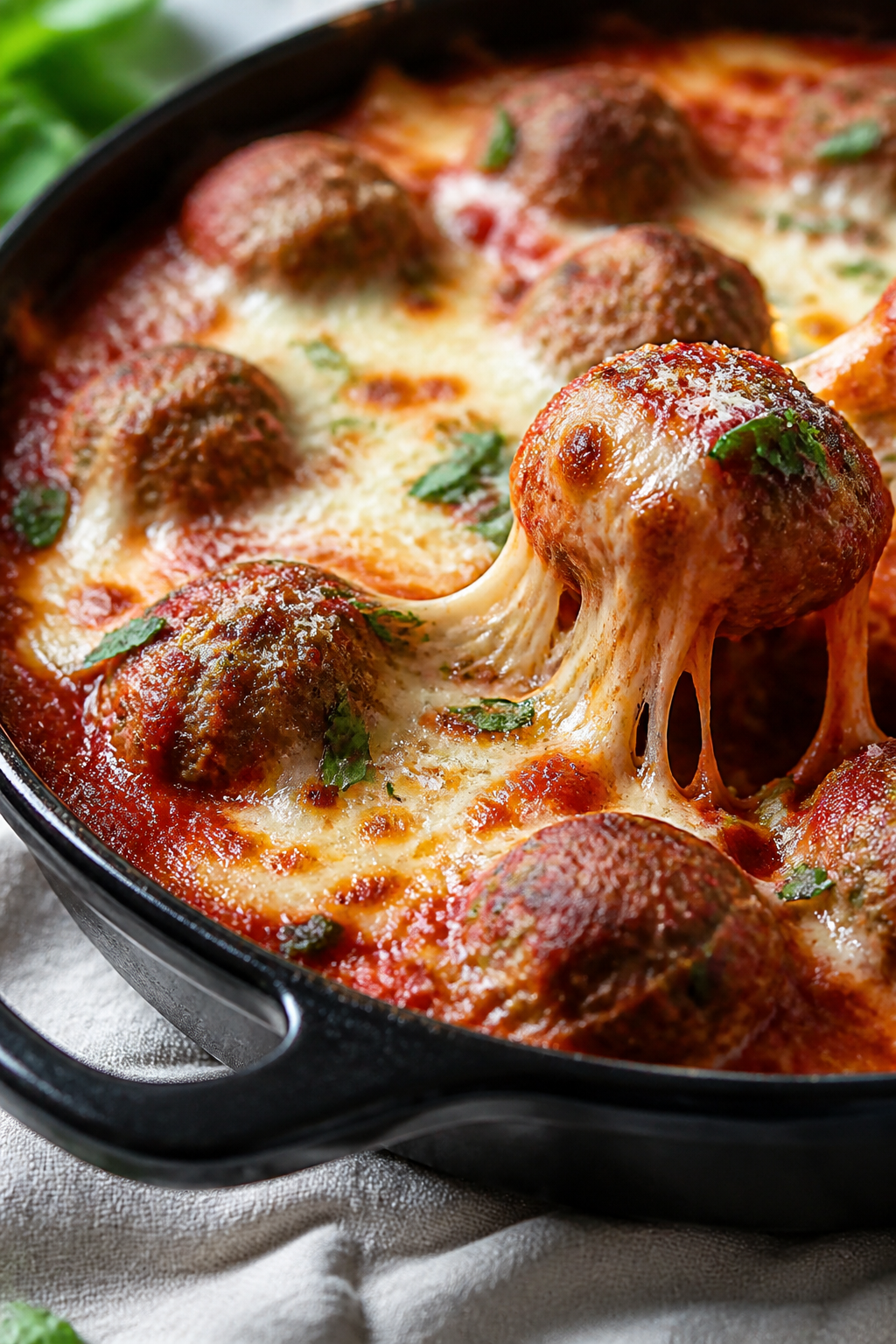 Close-up detail: Broiled Keto Meatball Parmesan Bake just out of the oven, bubbling marinara clingin