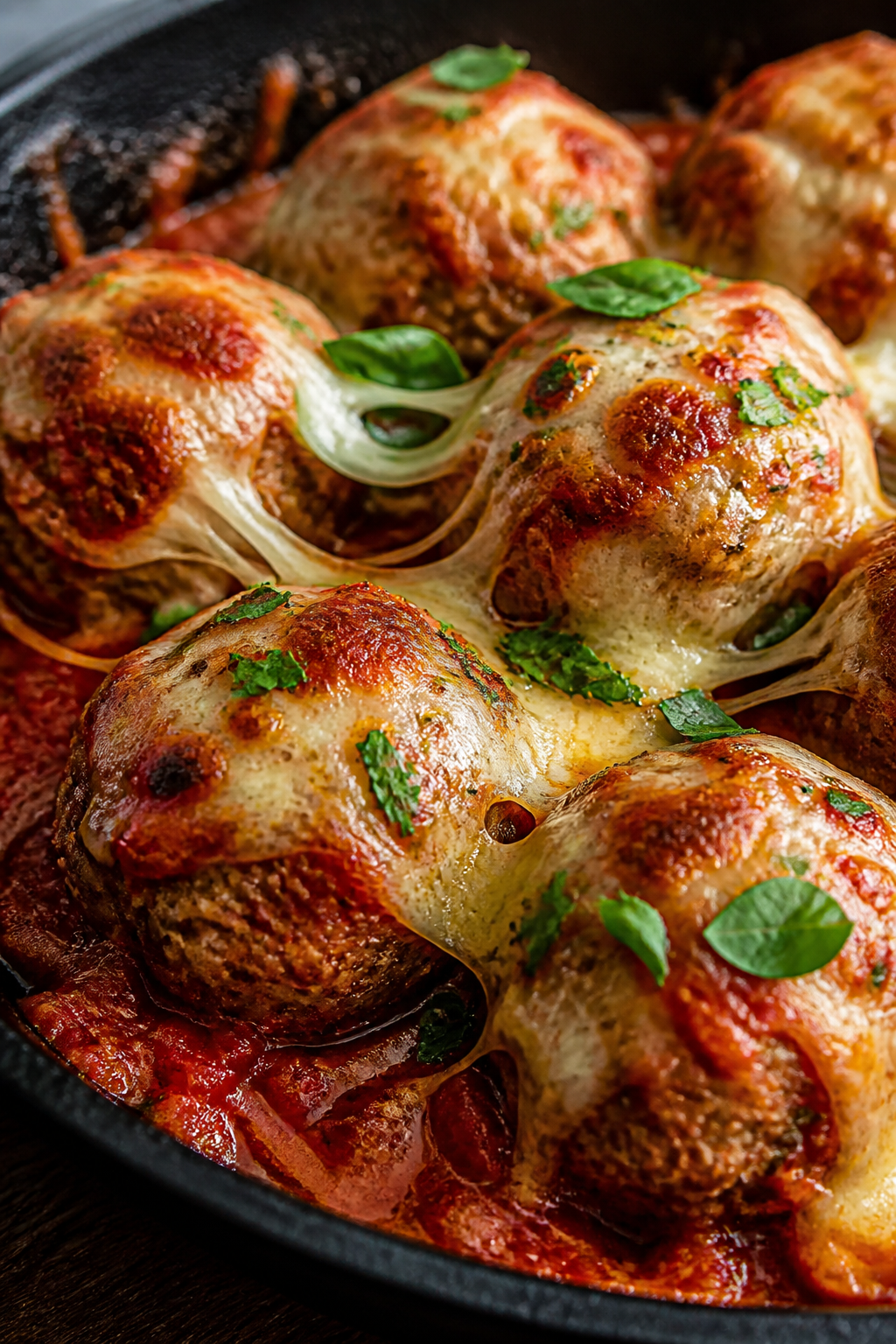 Close-up detail: Broiled keto turkey meatballs nestled in glossy low-carb marinara, cheese browned a