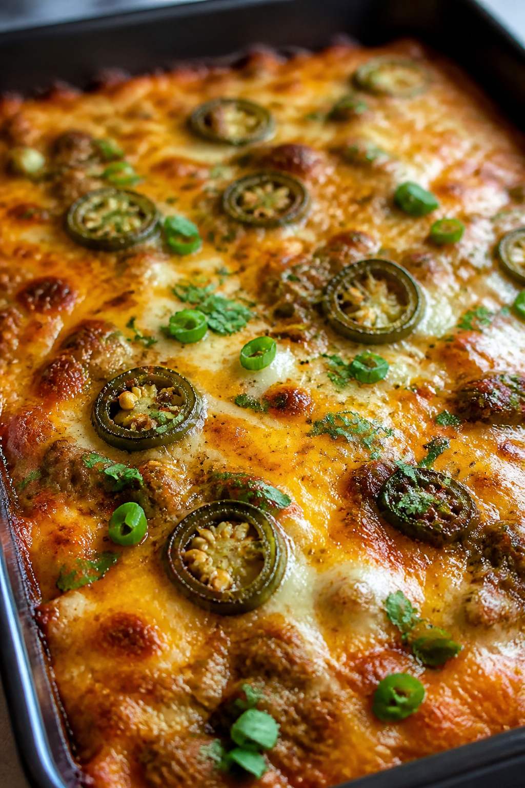 Close-up detail: Bubbling, golden-brown cheese crust on the Cheesy Ground Turkey Jalapeño Bake just