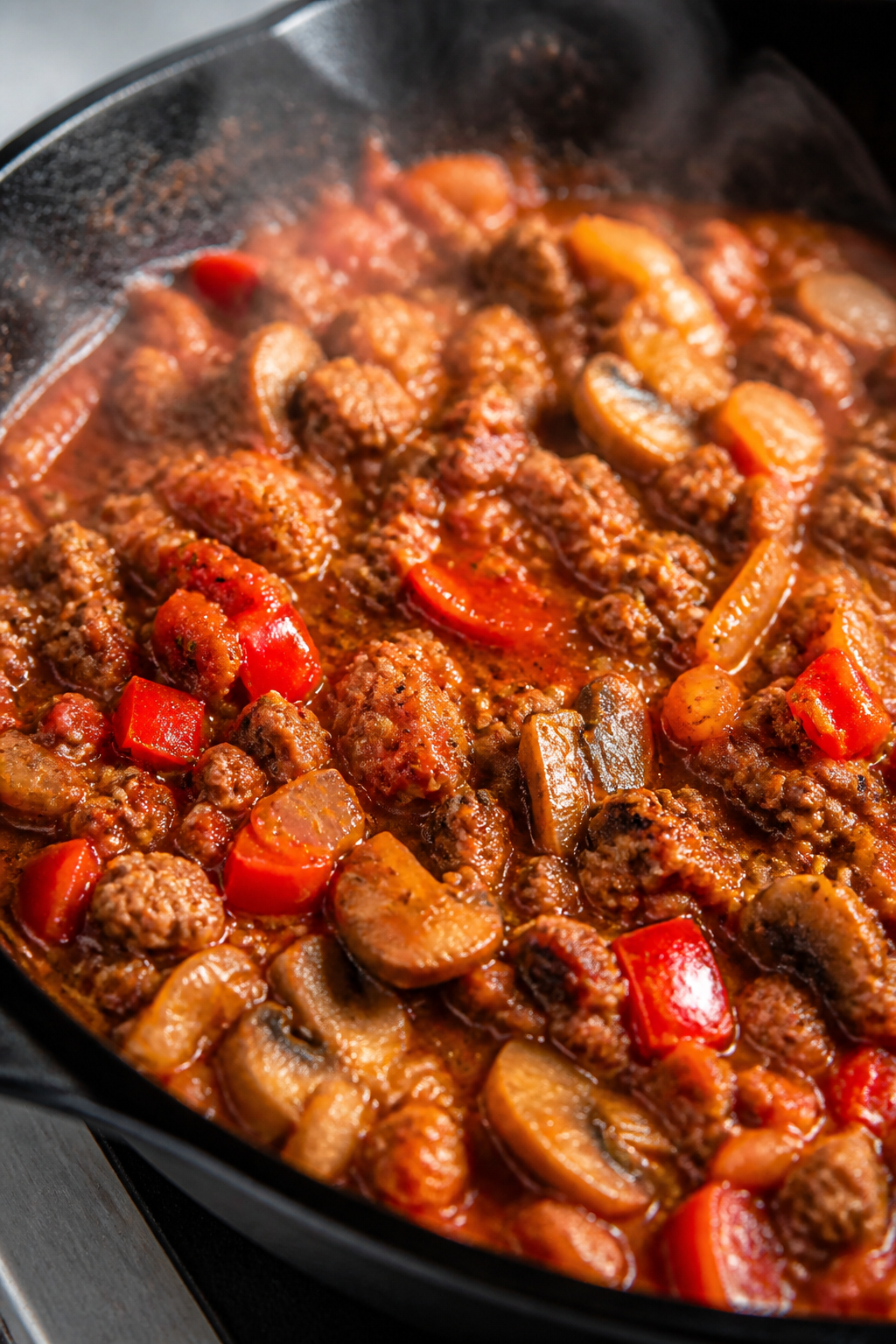 Close-up detail: Bubbling ground turkey pizza skillet mid-cook, showing browned crumbles of turkey n