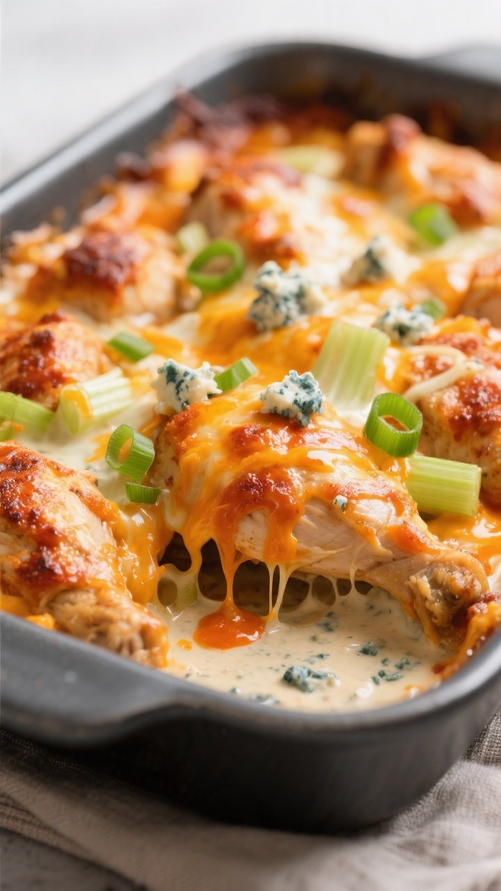 Close-up detail: Bubbling keto Buffalo Ranch Chicken Bake just pulled from the oven, molten cheddar-