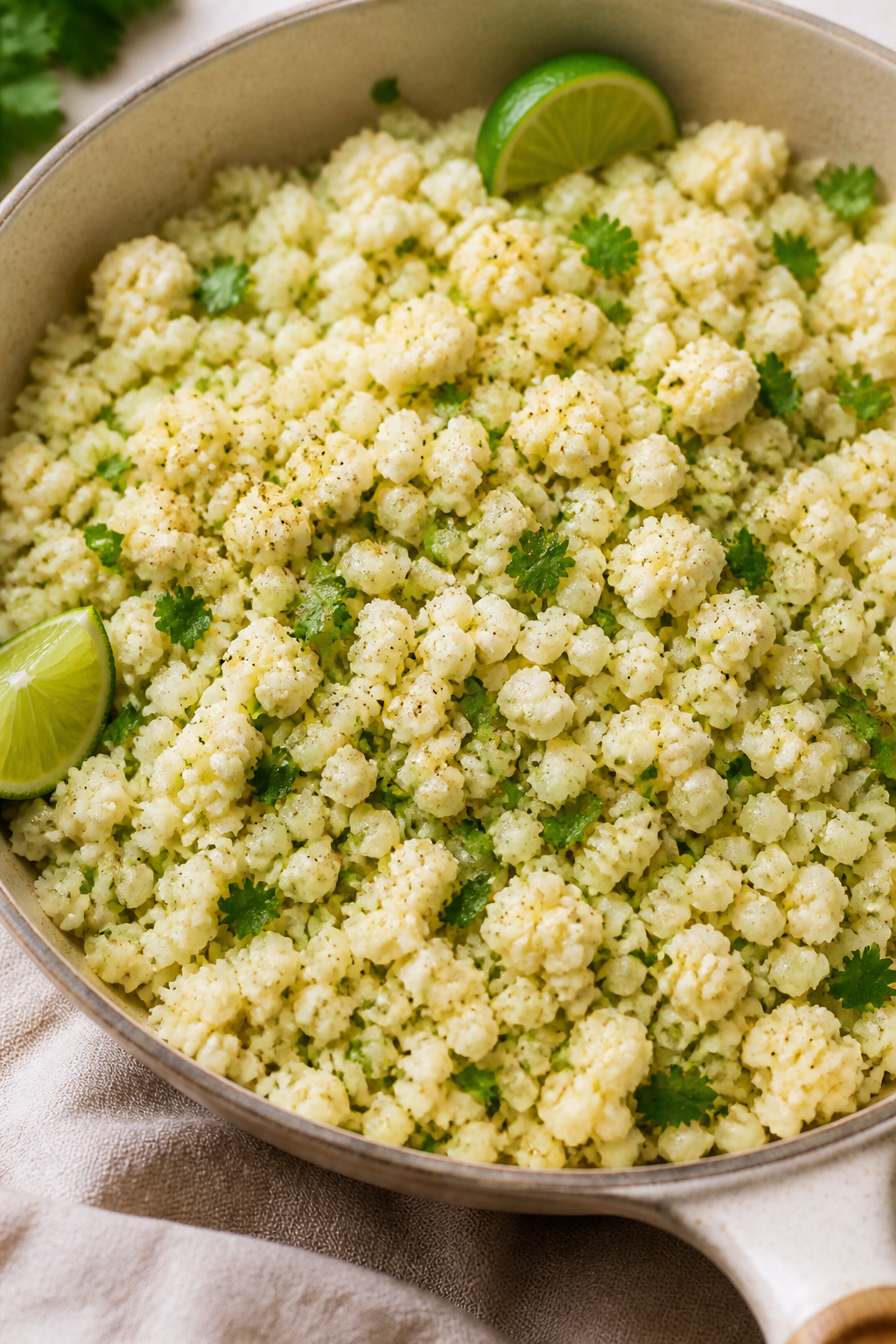 Close-up detail: Cilantro-lime cauliflower “rice” just off the heat, tender but not soggy, indiv