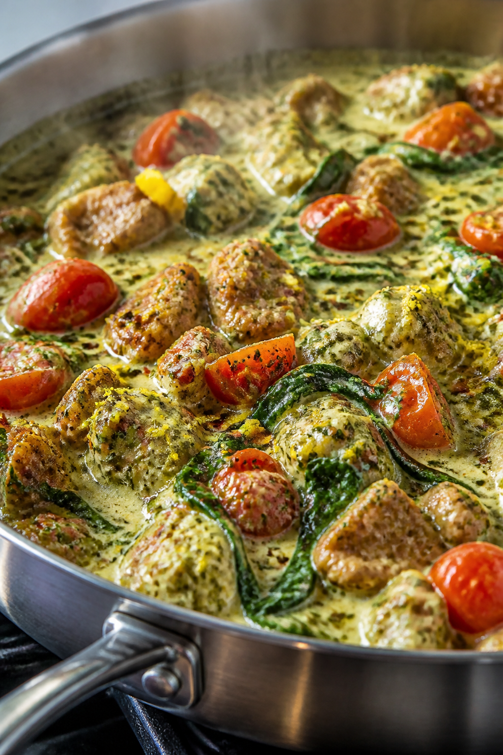 Close-up detail: Creamy pesto ground turkey simmering in a wide stainless skillet, turkey crumbles l