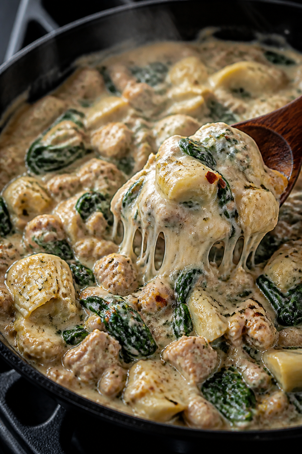 Close-up detail: Creamy turkey spinach artichoke skillet mid-simmer in a black cast-iron pan, showin