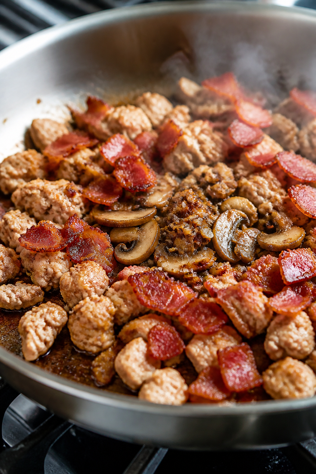 Close-up detail: Crispy bacon and browned turkey nestled in a stainless-steel skillet, glistening in