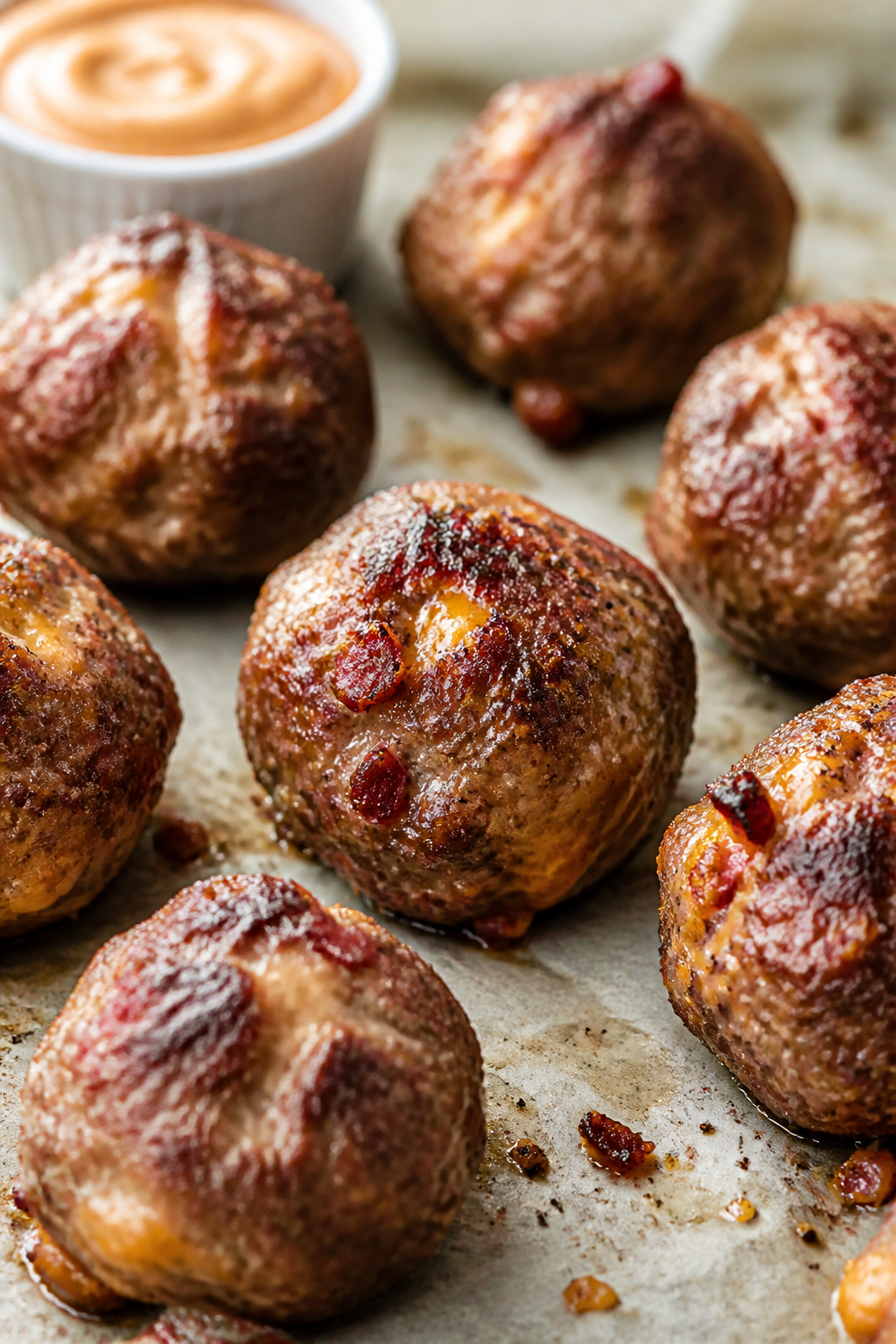 Close-up detail: Freshly baked keto cheddar bacon meatballs just out of the oven on a parchment-line