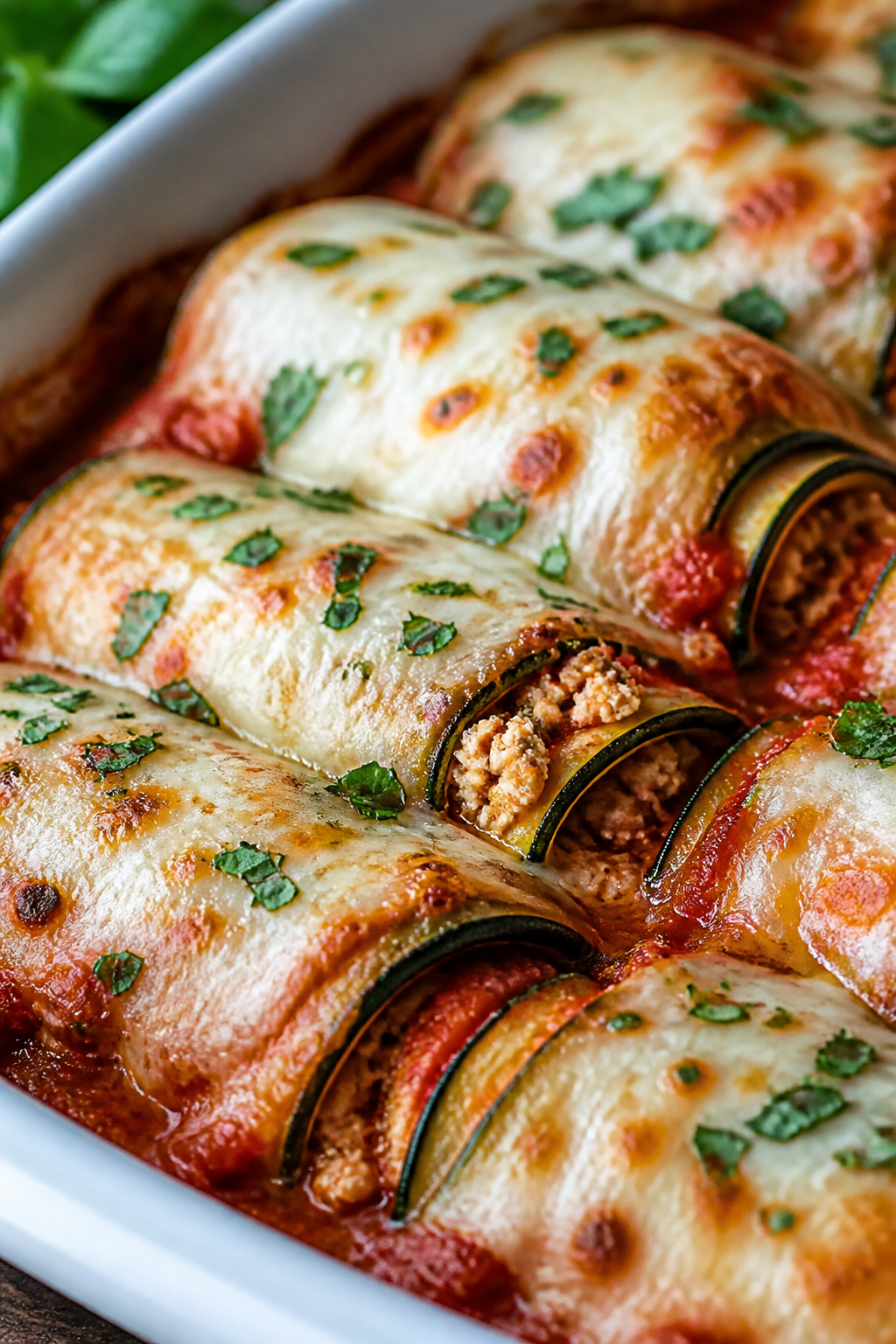 Close-up detail: Freshly baked keto turkey lasagna roll ups nestled in a 9x13 baking dish, cheese me