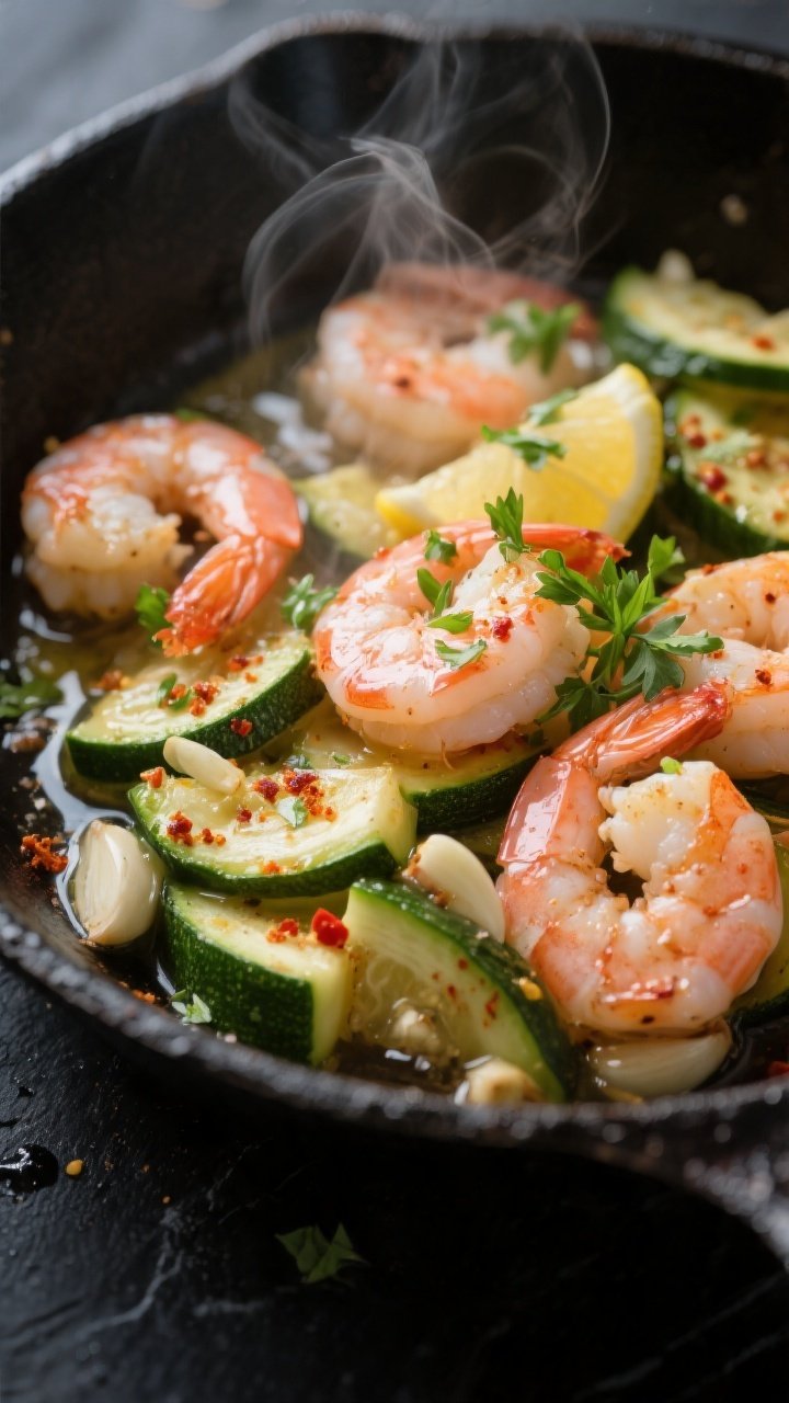 Close-up detail: Garlic butter shrimp and tender-crisp zucchini just tossed together in the skillet,