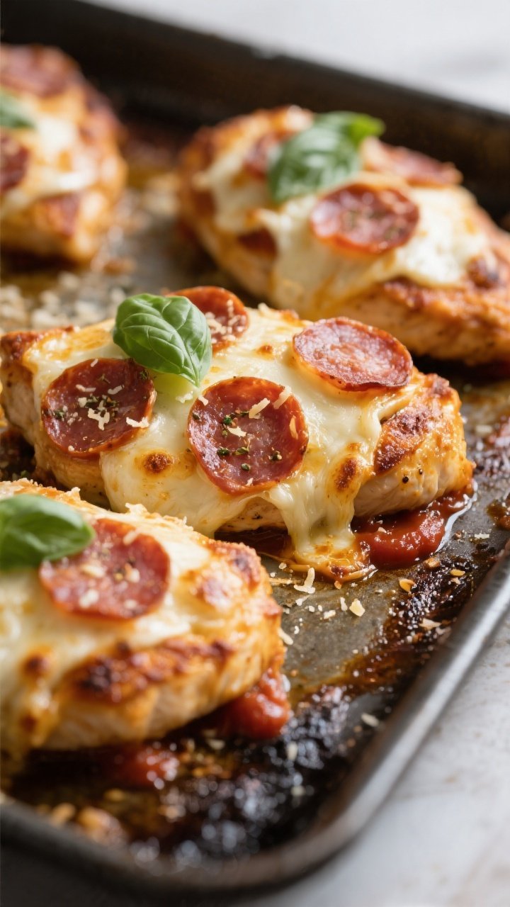 Close-up detail: Golden, blistered mozzarella and crisped pepperoni atop baked chicken breasts just