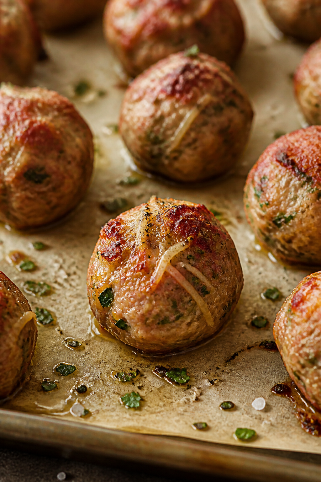 Close-up detail: Golden-brown baked turkey Parmesan meatballs just out of the oven, bead-like juices