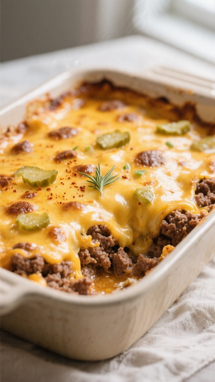 Close-up detail: Golden-brown keto cheeseburger casserole just out of the oven, edges set with a sli