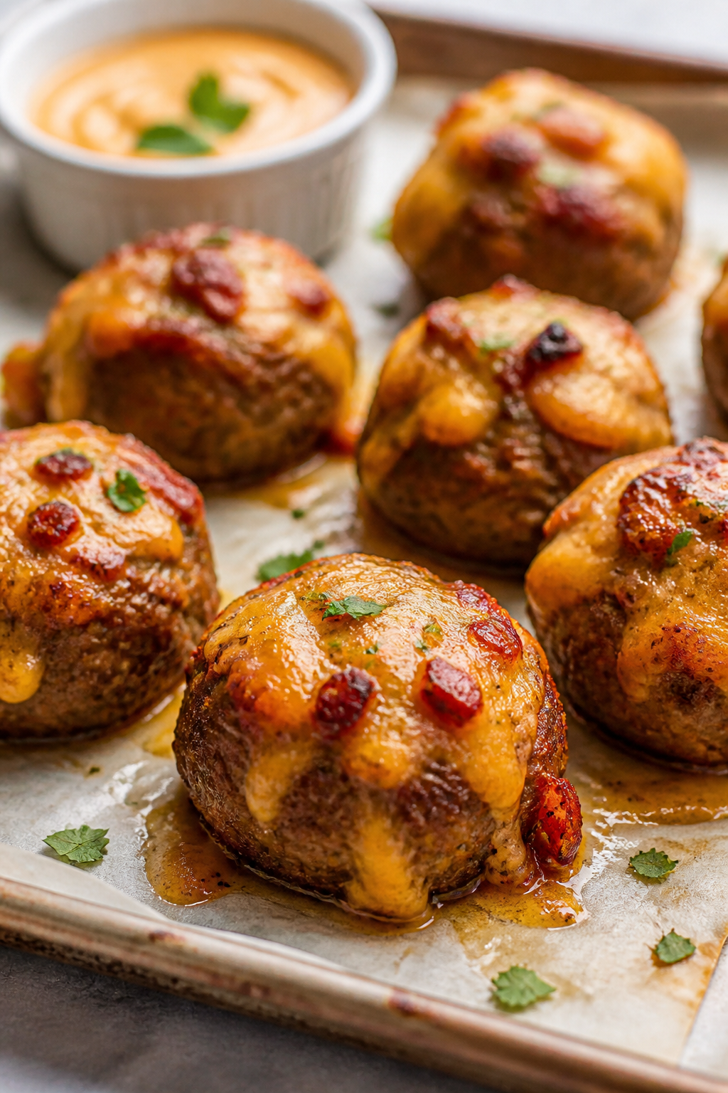 Close-up detail: Golden-brown keto chipotle cheddar meatballs just out of the oven on a parchment-li