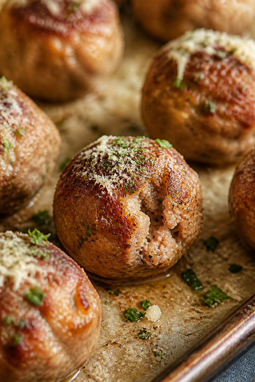 Close-up detail: Golden-brown keto garlic Parmesan meatballs just out of the oven on a parchment-lin