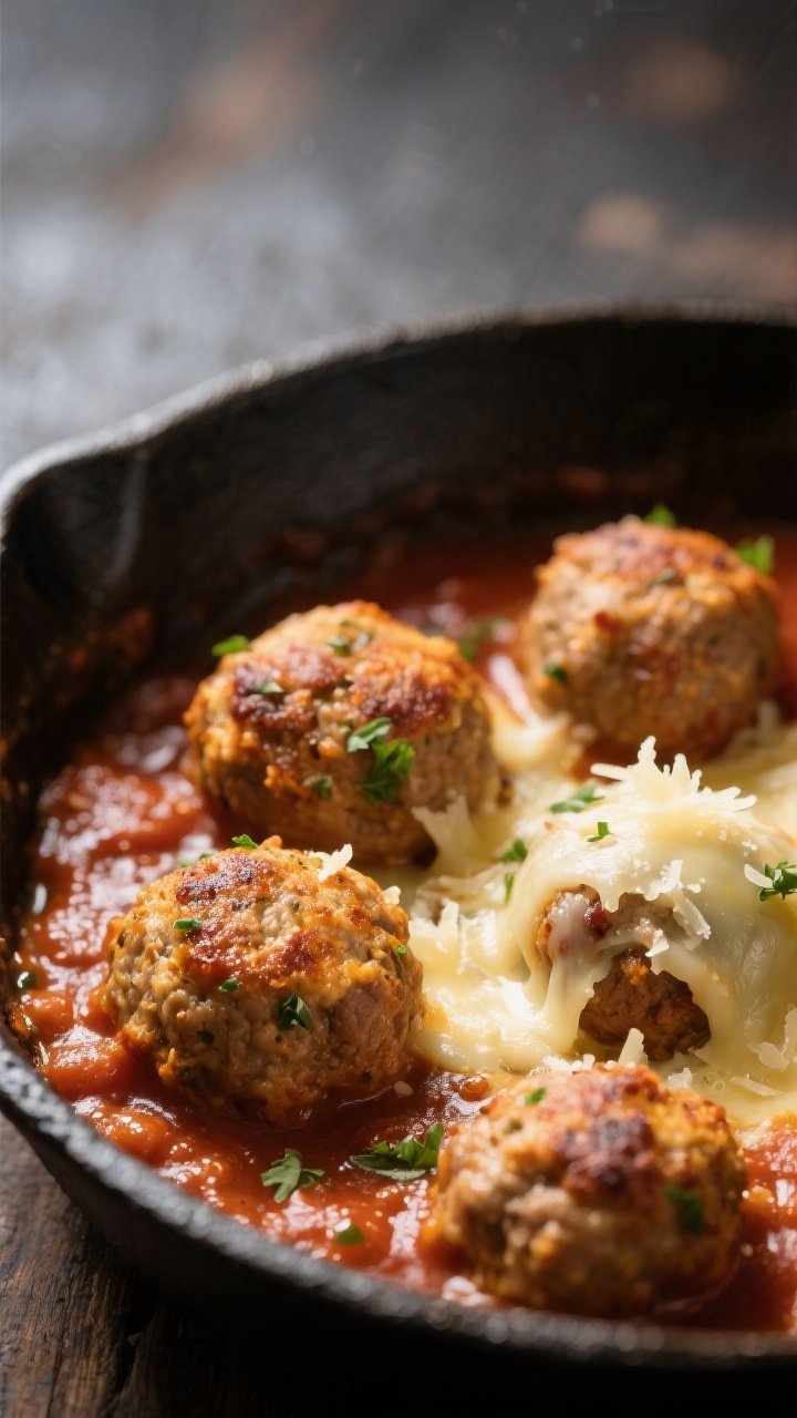 Close-up detail: Golden-browned baked keto meatballs nestled in simmering no-sugar-added marinara in