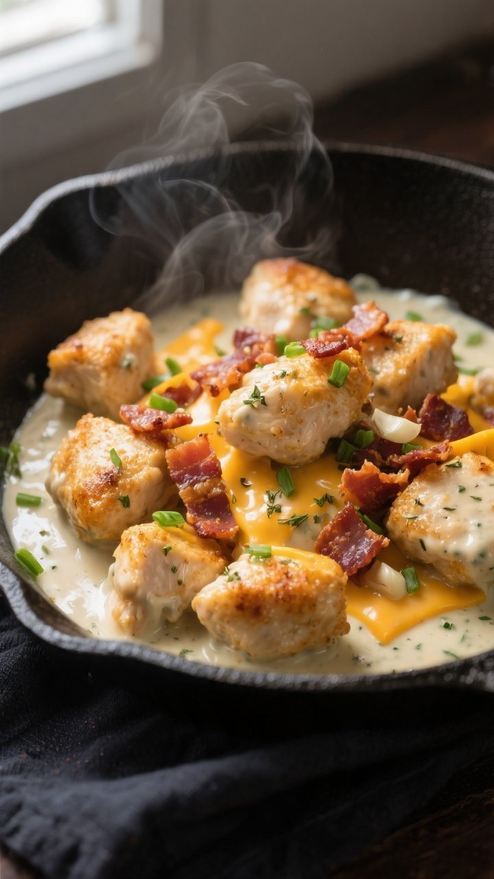 Close-up detail: Golden-browned chicken bites tossed in creamy ranch sauce in a skillet, flecks of d