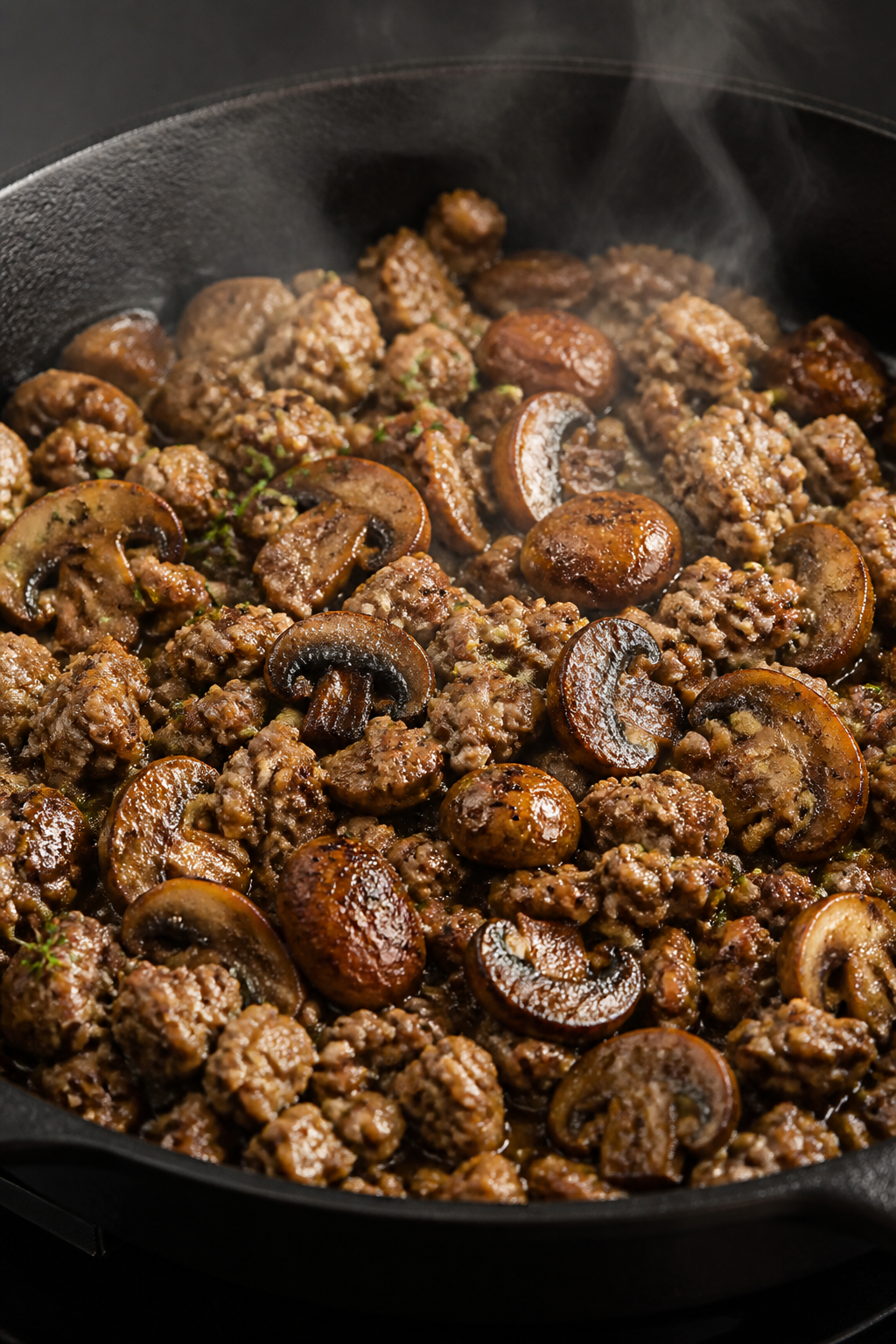 Close-up detail: Golden-browned cremini and baby bella mushrooms mingled with juicy crumbles of turk