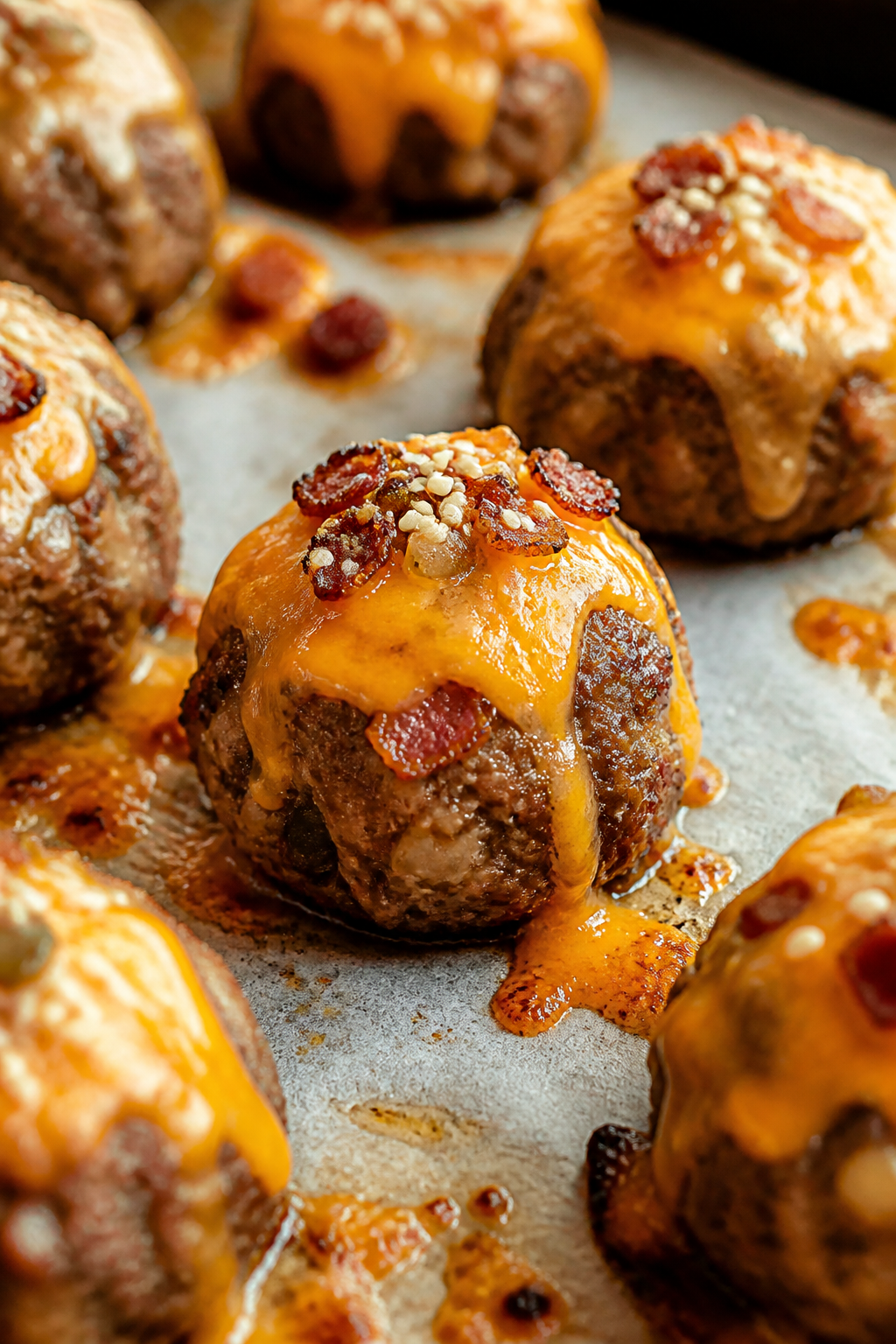 Close-up detail: Golden-browned keto cheeseburger meatballs just out of the oven, cheddar melted and