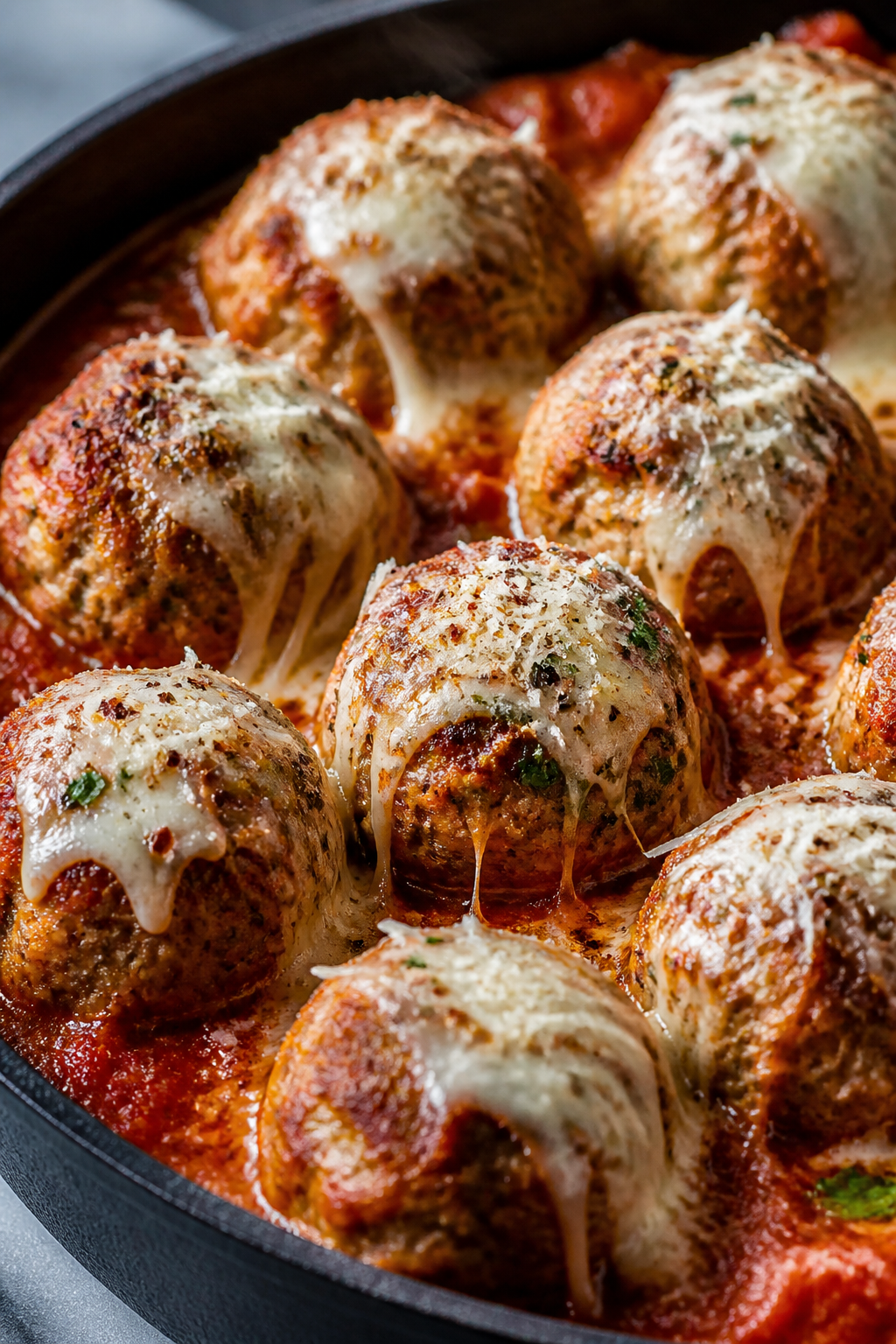 Close-up detail: Golden-browned keto Chicken Parmesan meatballs nestled in a simmering, glossy no-su