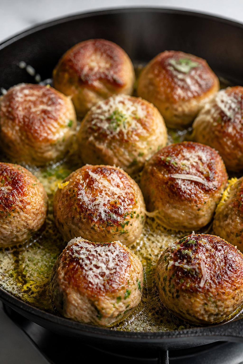 Close-up detail: Golden-browned keto garlic Parmesan chicken meatballs sizzling in a skillet right a