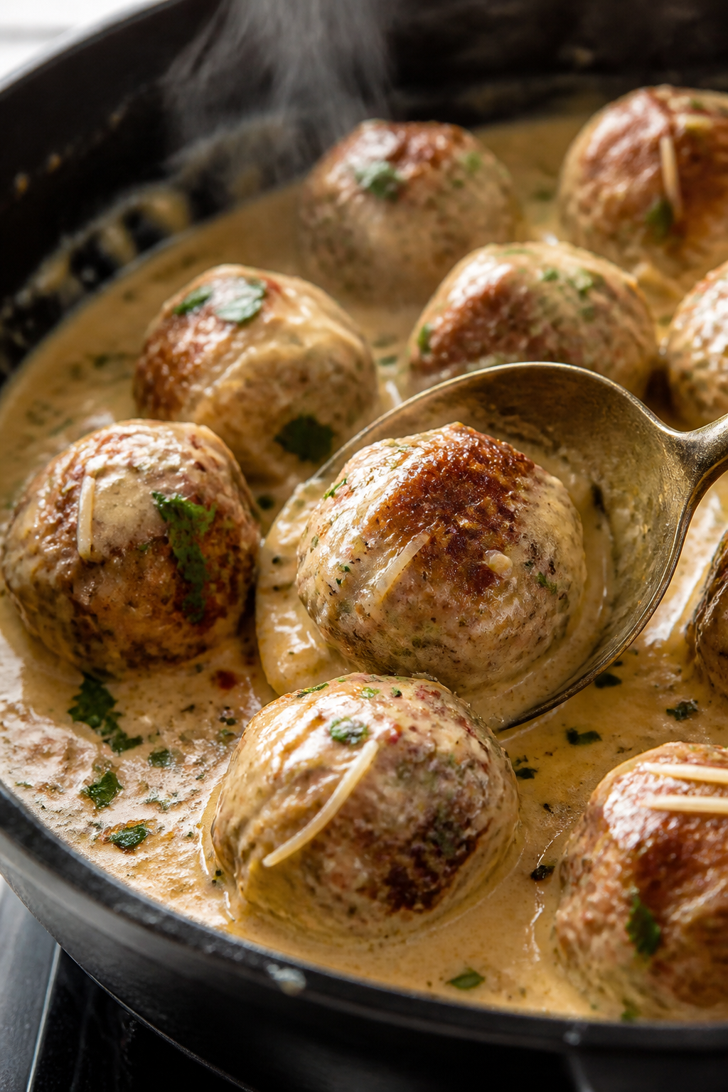 Close-up detail: Golden-browned keto meatballs just returned to a skillet, bathed in silky roasted g