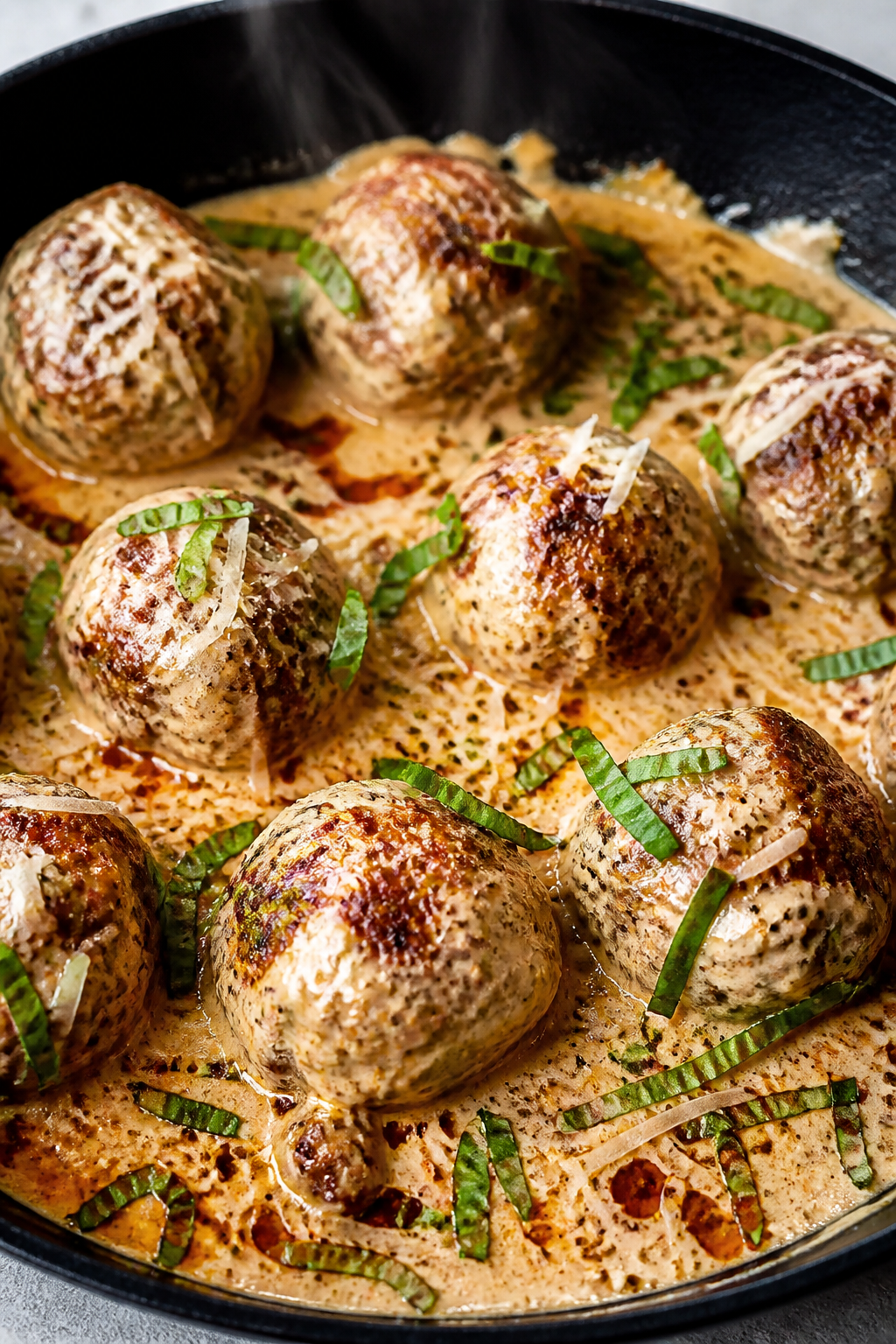 Close-up detail: Golden-browned keto meatballs nestled in a silky sun-dried tomato Parmesan cream sa