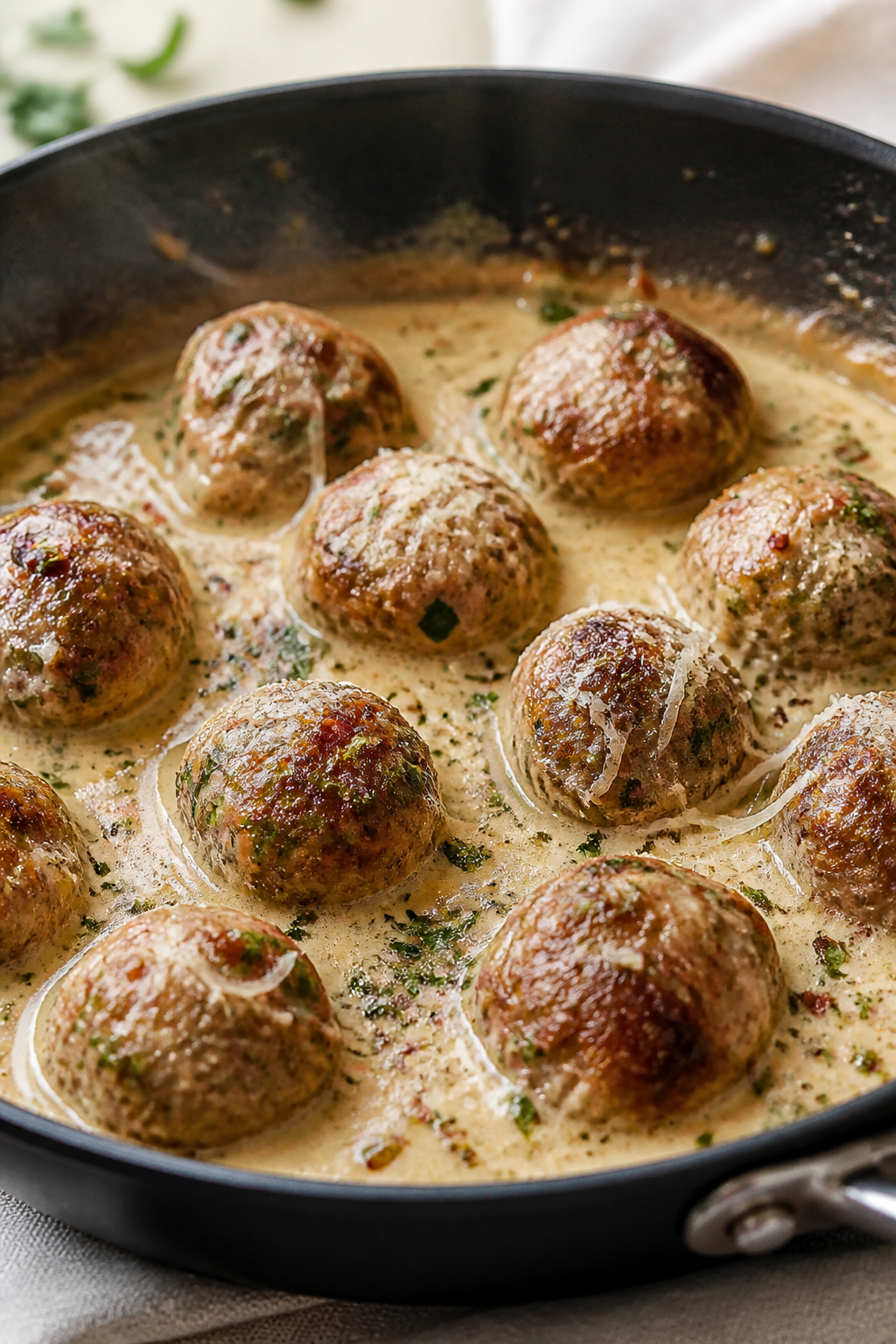 Close-up detail: Golden-browned keto meatballs sizzling in a large skillet as they simmer in a cream