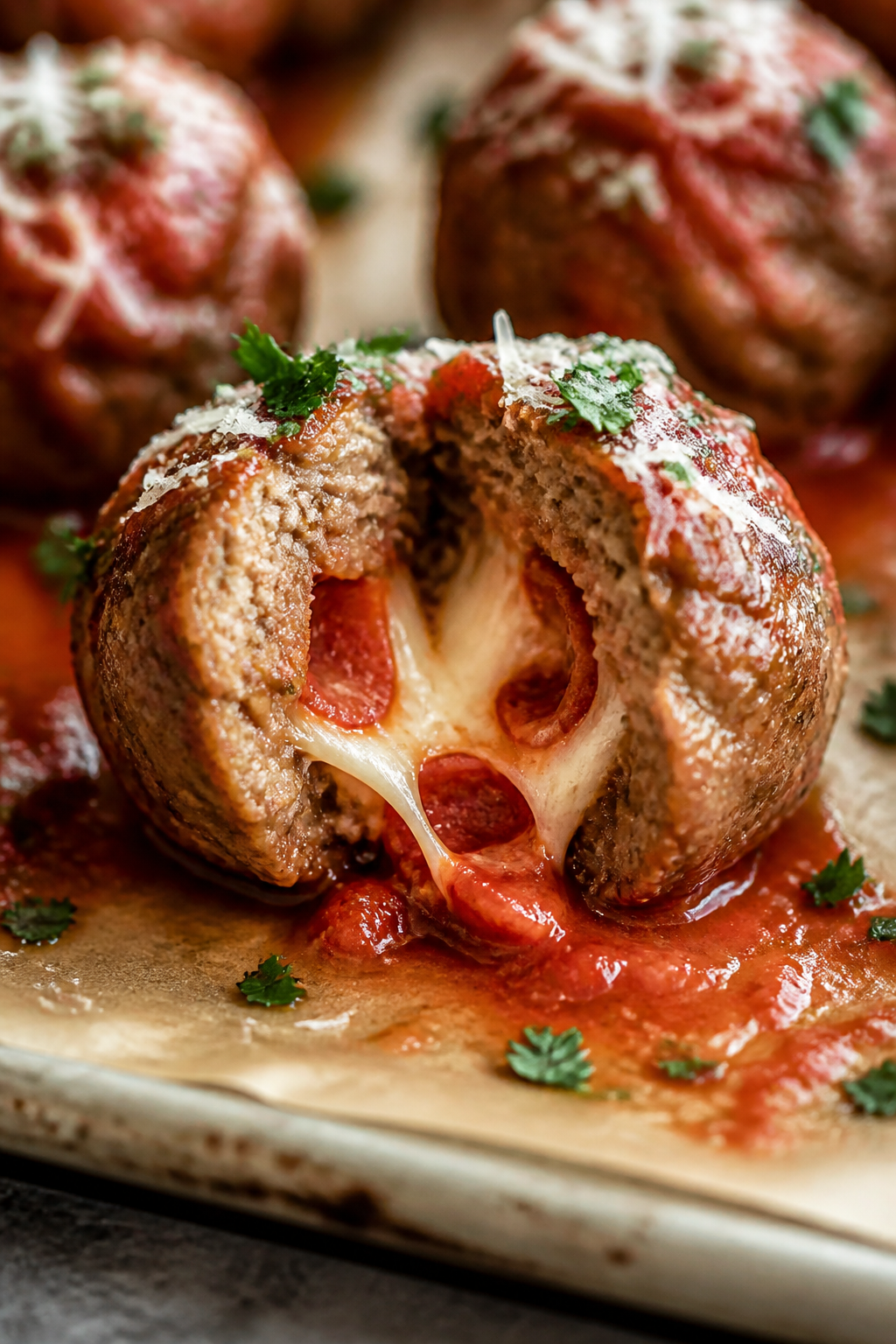Close-up detail: Golden-browned keto pizza stuffed meatball just out of the oven, split open to reve