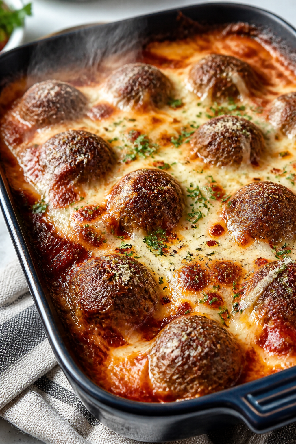 Close-up detail: Golden-bubbled Keto Meatball Casserole just out of the oven, showing browned mozzar