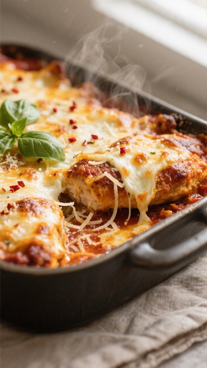 Close-up detail: Golden, bubbling Keto Chicken Parmesan Casserole just out of the oven, melted mozza
