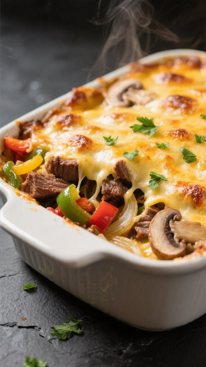 Close-up detail: Golden, bubbling Keto Philly Cheesesteak Casserole just out of the oven, gooey prov