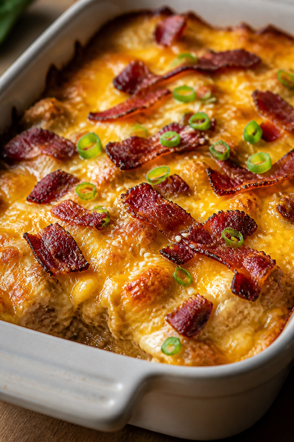Close-up detail: Golden, bubbling Keto Turkey Bacon Cheeseburger Casserole just out of the oven, sho