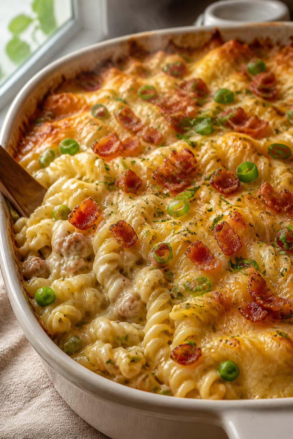 Close-up detail: Golden, bubbly Ground Turkey Bacon Ranch Bake just out of the oven, cheese melted w