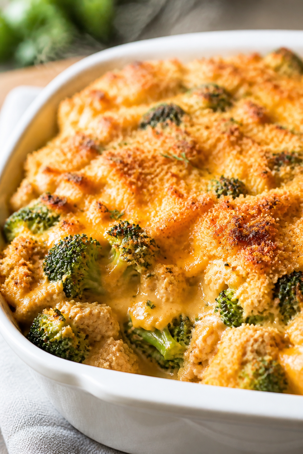 Close-up detail: Golden, bubbly Ground Turkey Broccoli Cheddar Bake just out of the oven, showing cr