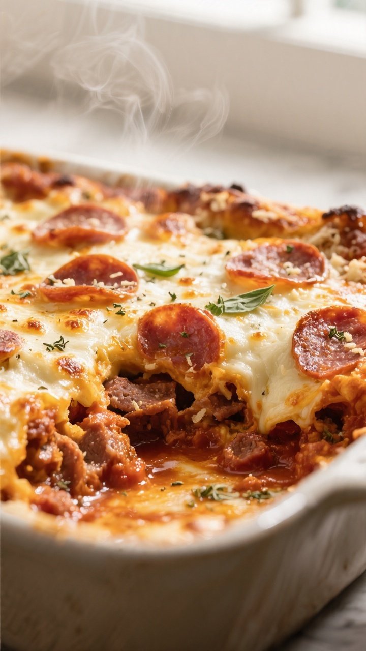 Close-up detail: Golden, bubbly keto pizza casserole just out of the oven, focusing on blistered moz