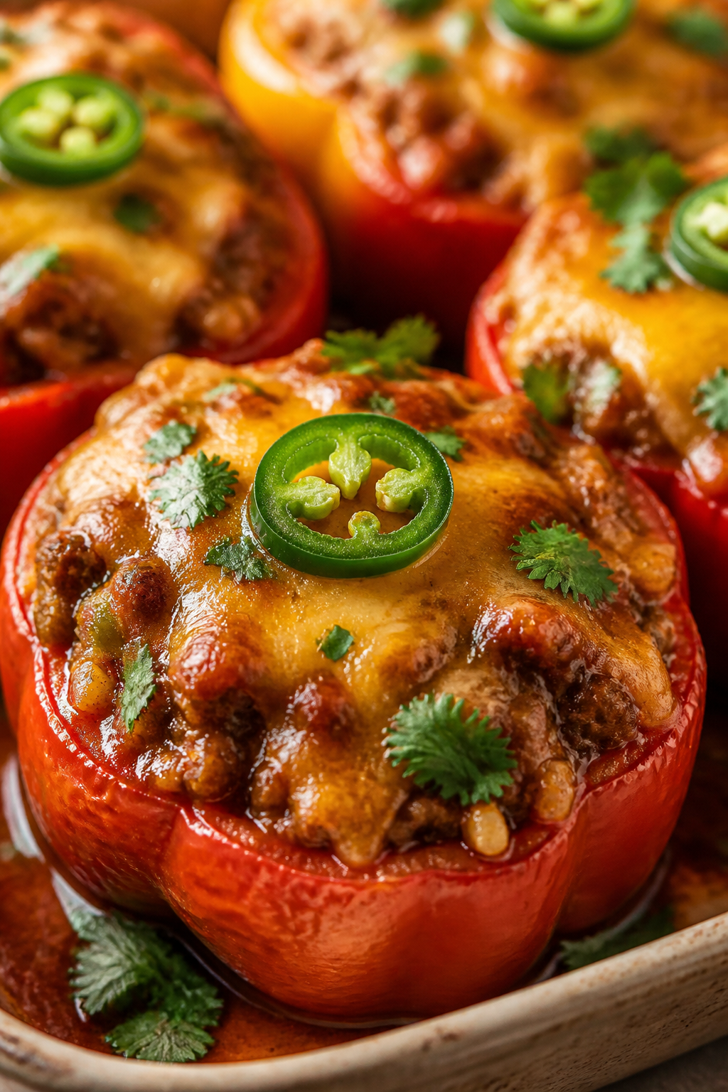 Close-up detail: Golden, bubbly Keto Turkey Enchilada Stuffed Peppers just out of the oven, cheese m