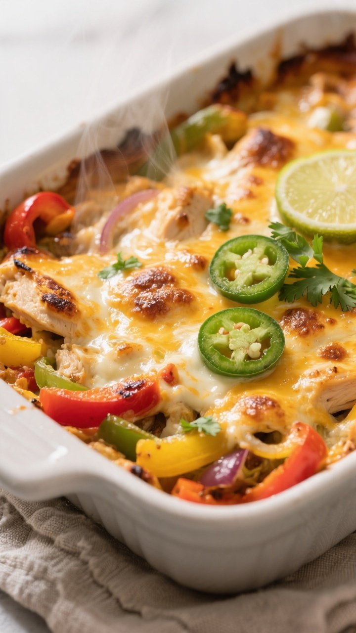 Close-up detail: Golden-bubbly Low Carb Chicken Fajita Casserole just out of the oven, showing oozy 
