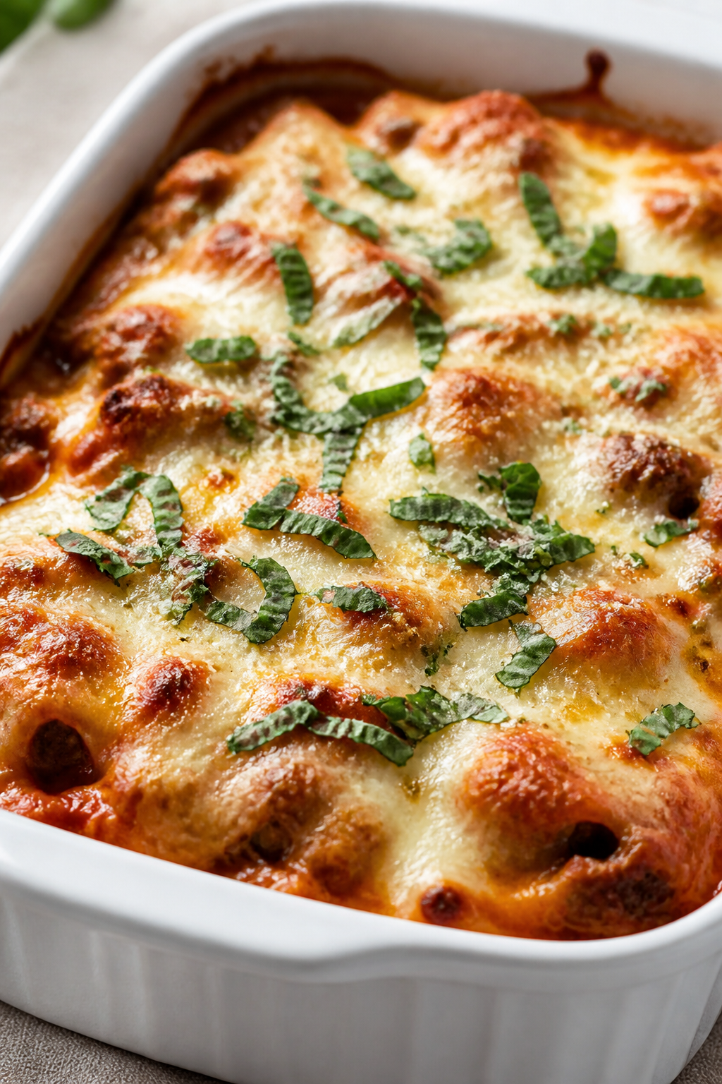 Close-up detail: Golden-bubbly top of the Million Dollar Keto Ground Turkey Casserole just out of th