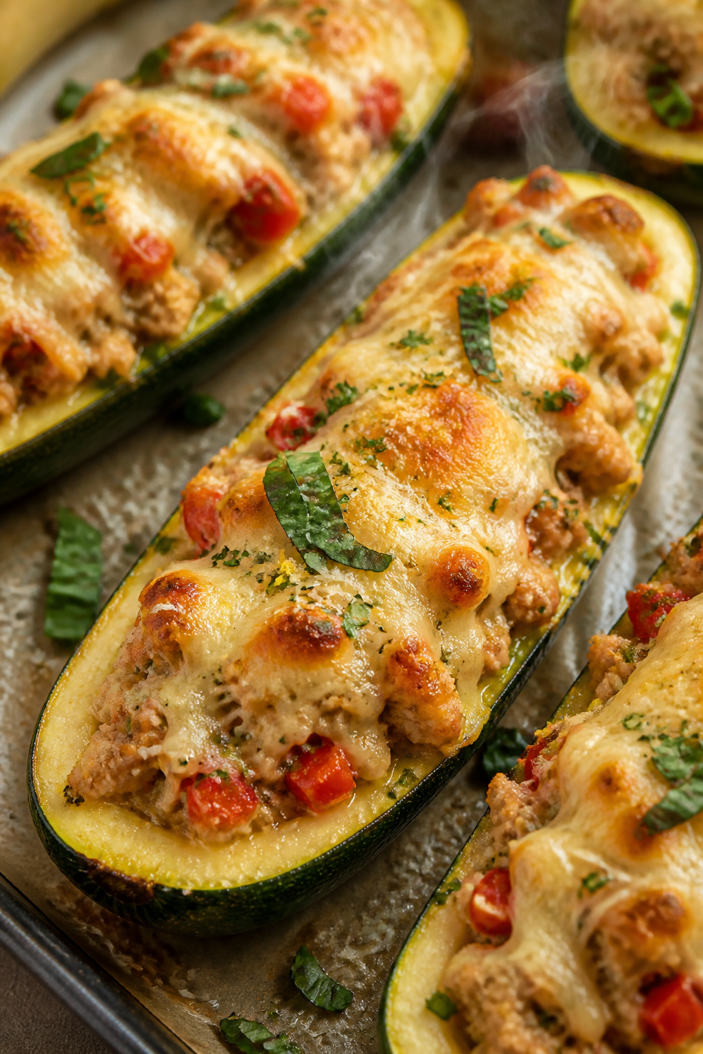Close-up detail: Golden-bubbly zucchini boats just out of the oven, showing melted mozzarella with l