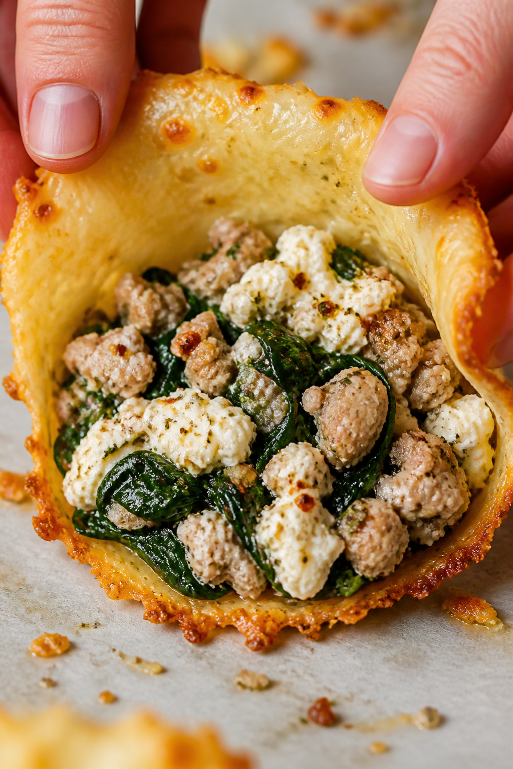 Close-up detail: Golden-edged baked cheese “shell” being gently cupped and stuffed with the turk