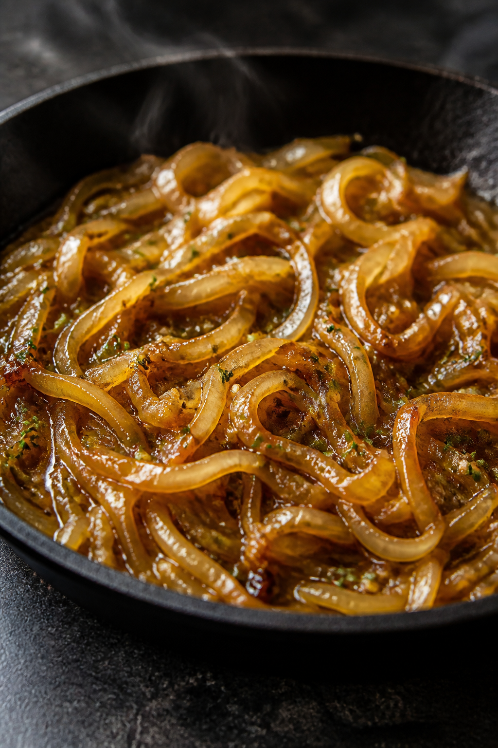 Close-up detail: Golden, jammy caramelized yellow onions deglazed with dry sherry in a cast-iron ski