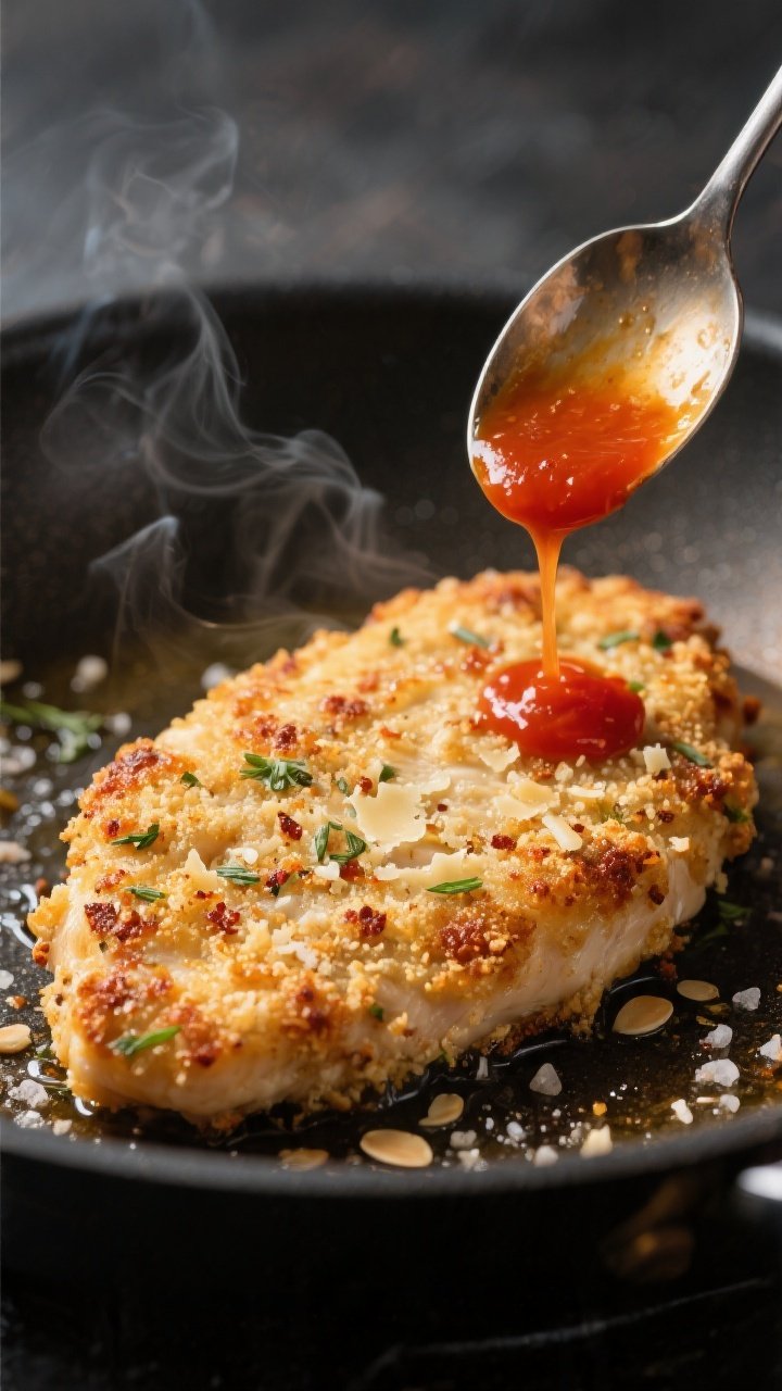 Close-up detail: Golden, pan-fried keto chicken cutlet just before baking, showing ultra-crisp almon