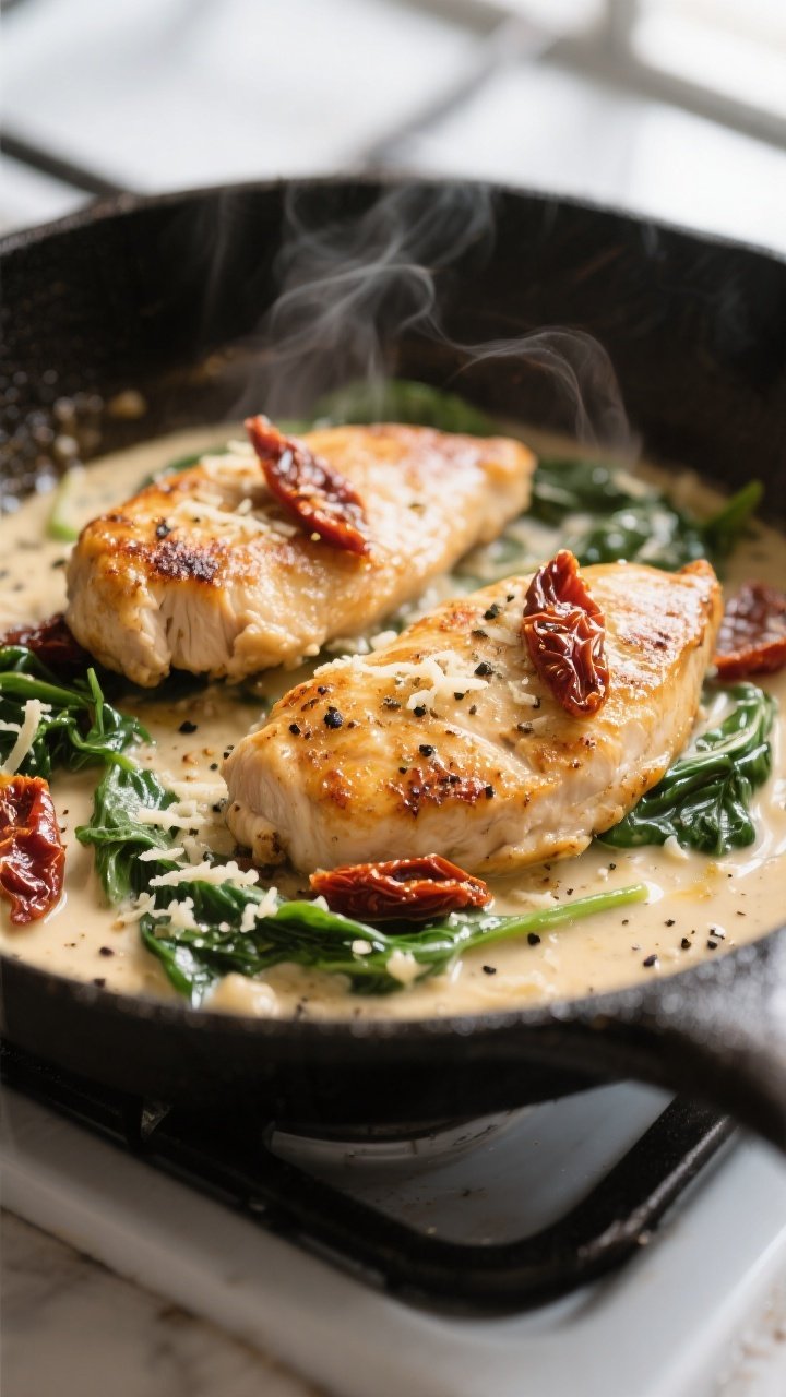 Close-up detail: Golden pan-seared chicken cutlets nestled in a creamy garlic-Parmesan sauce with ri