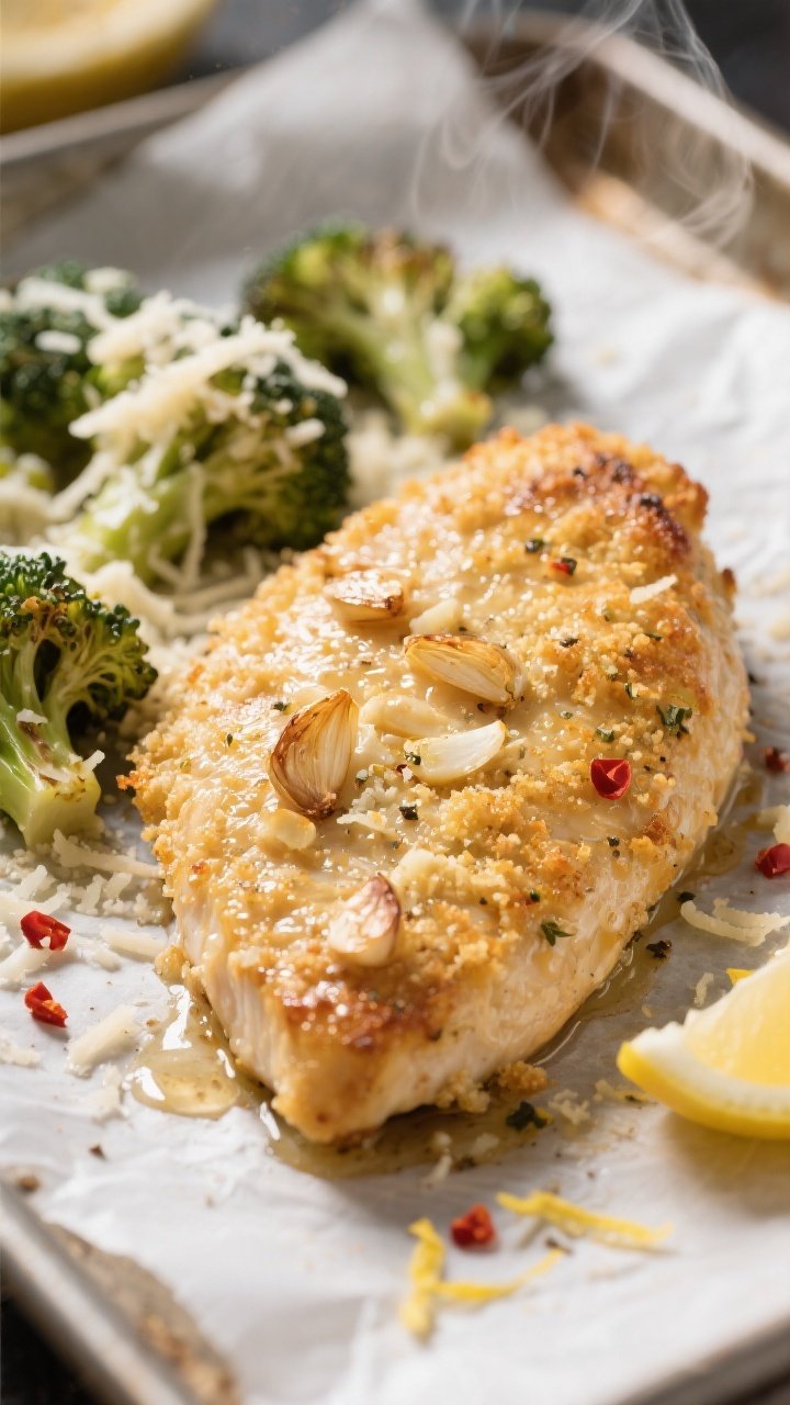 Close-up detail: Golden, Parmesan-crusted chicken cutlet just out of the oven, juices beading on the